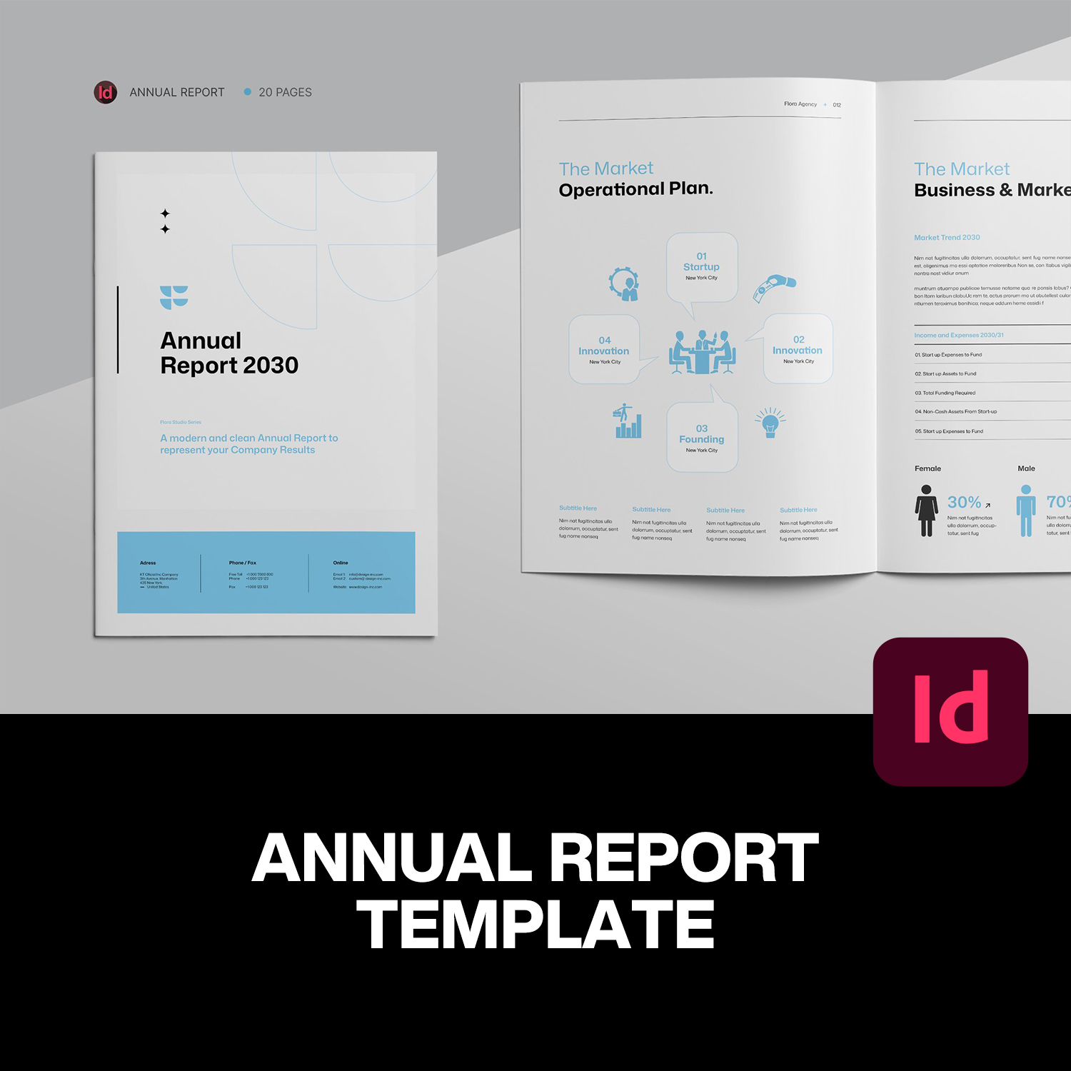 20页A4竖版蓝色现代企业年度报告品牌宣传册排版设计id版式模板