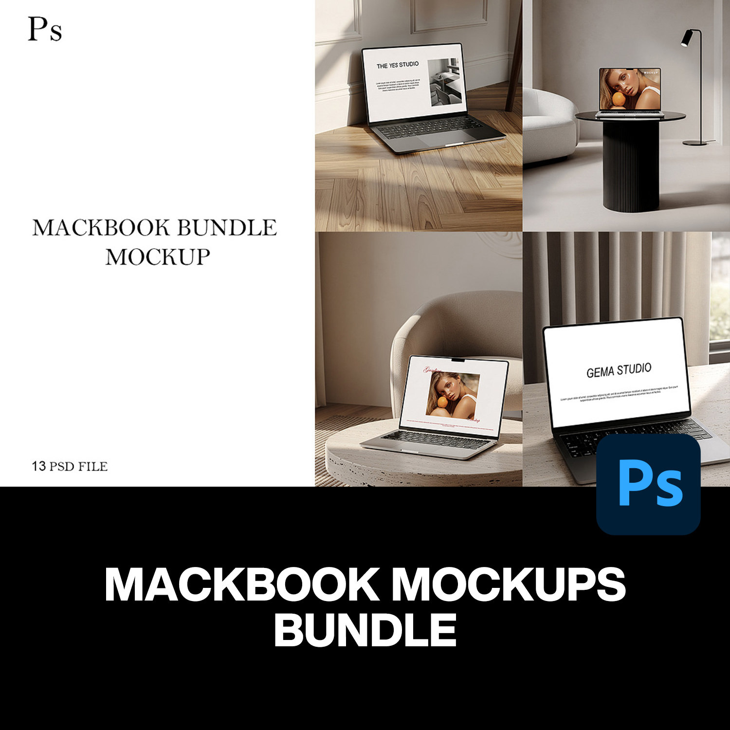 13款优雅侘寂风客厅软装Macbook笔记本电脑Ui展示效果图ps样机