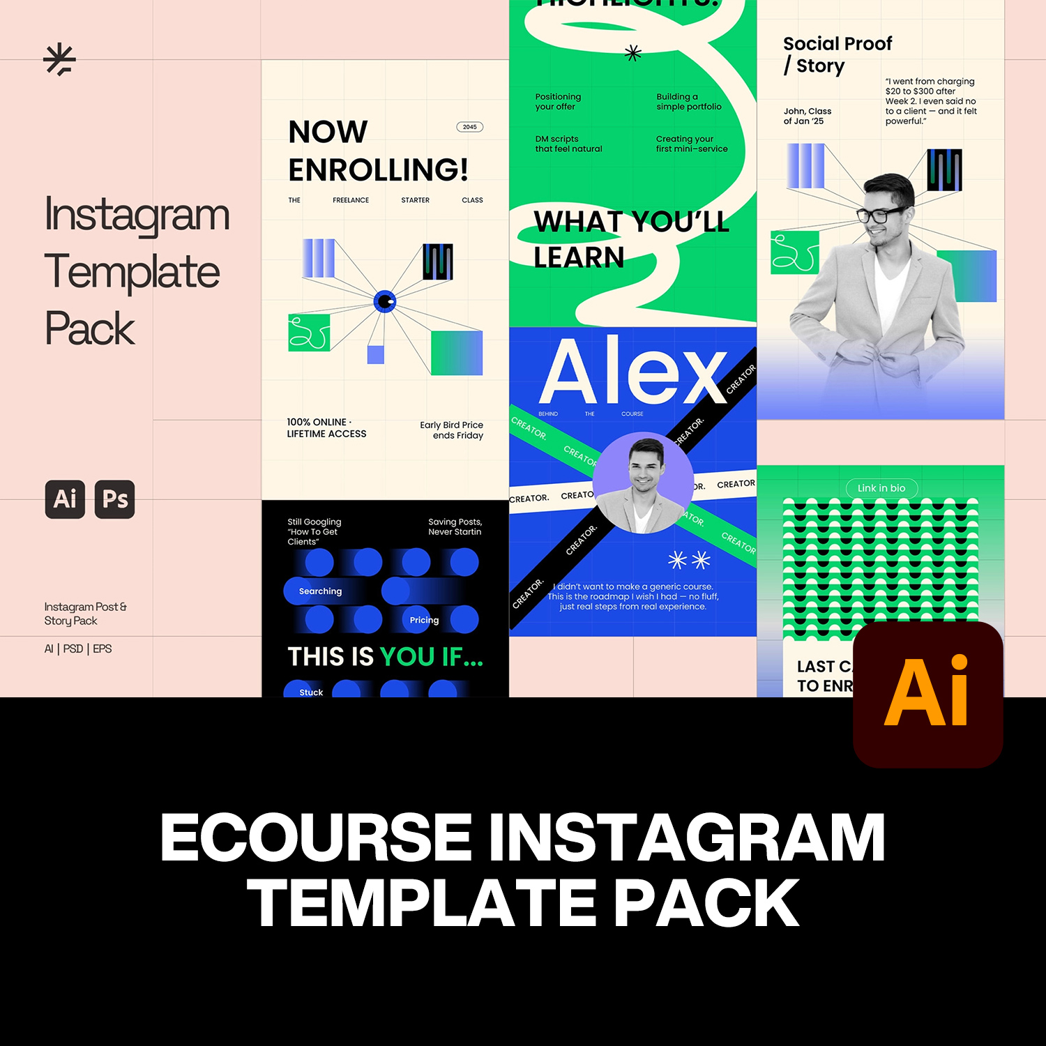 6款现代时尚在线教育课程ins公众号推文排版设计ai版式模板素材