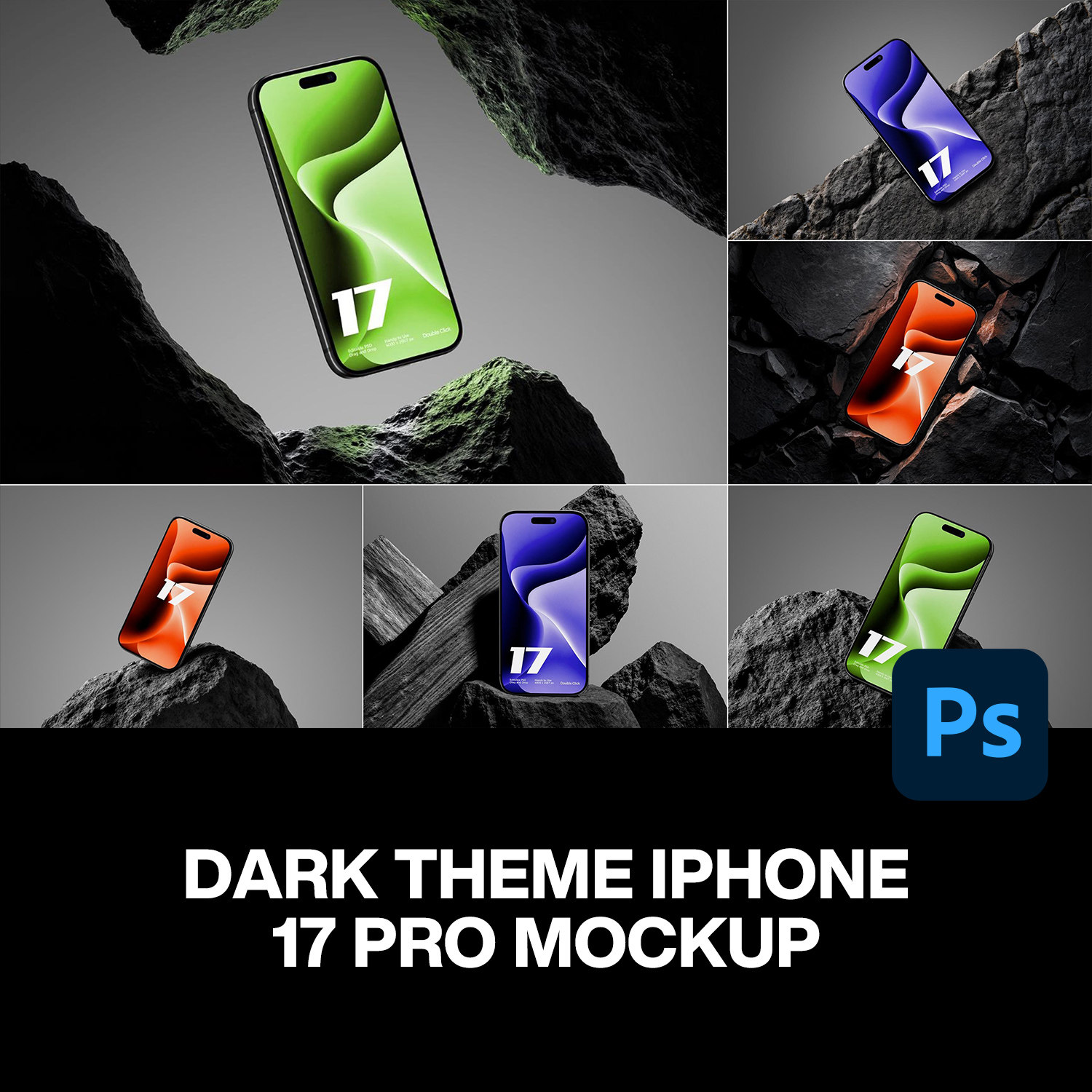 6款暗色岩石工业风iPhone17 Pro手机UI设计作品展示效果图ps样机