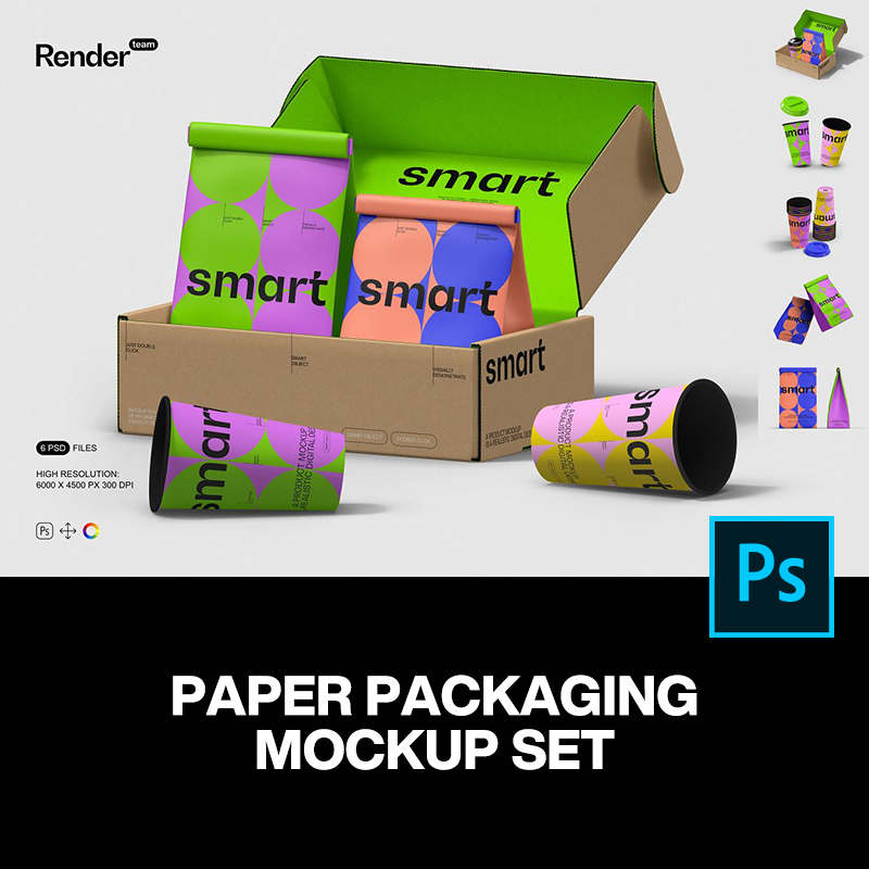 时尚网红文创自立袋纸杯外卖包装纸盒设计ps样机素材展示效果图