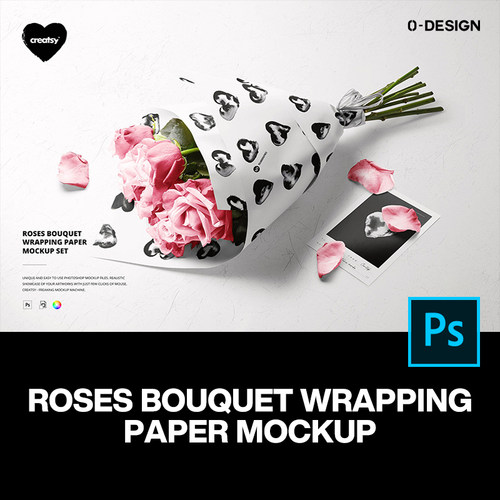 韩式情人节玫瑰鲜花包装纸图案设计贴图ps样机素材展示效果模板