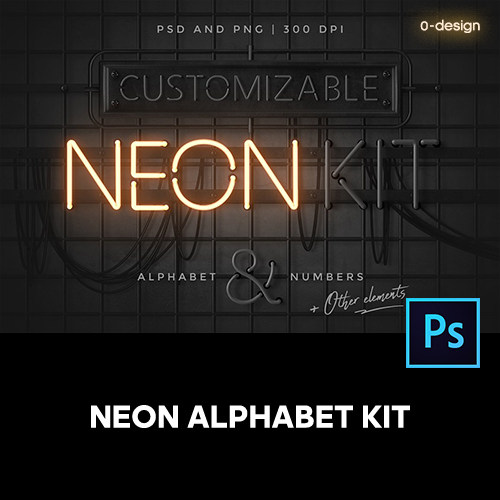 逼真Neon霓虹灯管字母符号发光字酒吧夜店标牌PS特效设计素材模板