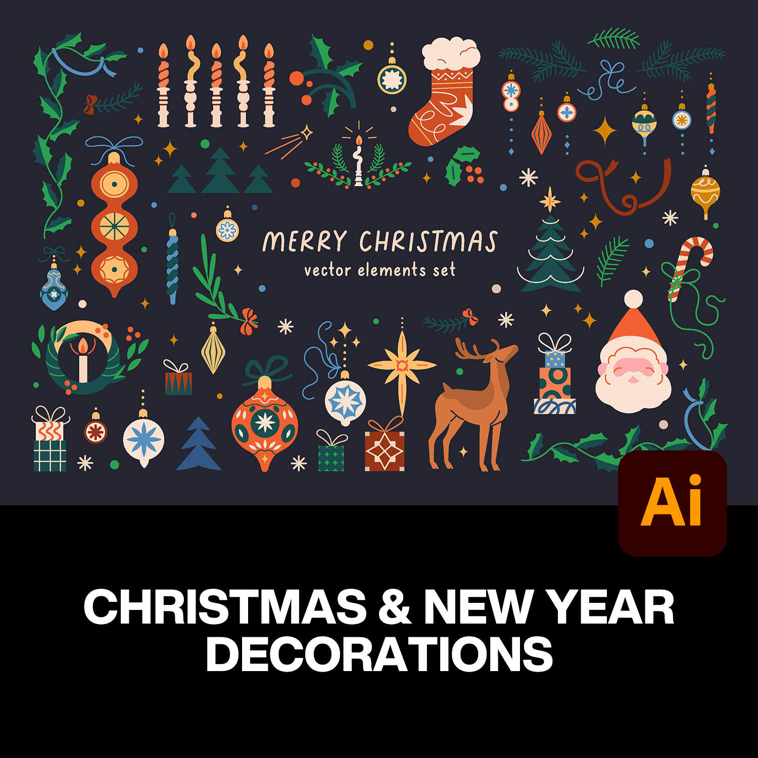 51款北欧复古扁平化圣诞节新年装饰手绘插图插画ai矢量设计素材