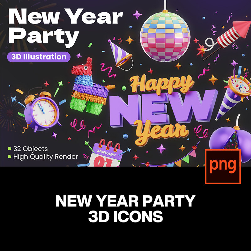 32款趣味3d卡通新年节日生日派对庆典插图插画png免抠图片素材
