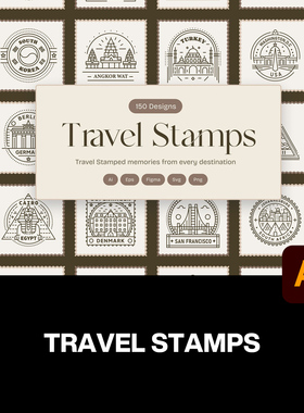 150款环球旅行旅游打卡首都地标邮票印章线描插画图标ai矢量素材