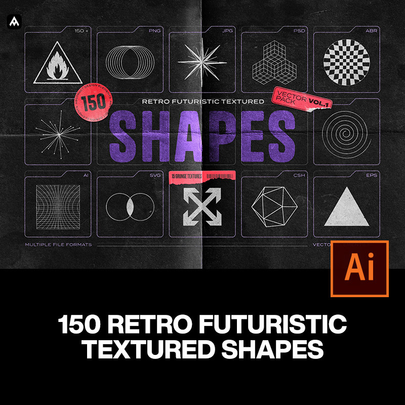 150款未来科幻复古做旧抽象艺术酸性几何图形ai设计素材源文件