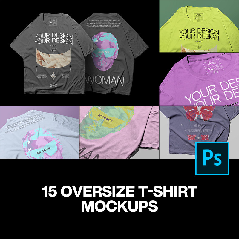 15款Oversize宽松大码平铺T恤服装设计贴图ps样机素材展示效果图