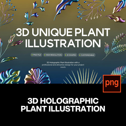 25款3D全息镭射镀铬金属自然植物叶子装饰插画png免抠图片素材