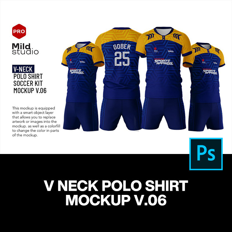 V领短袖运动服足球队服球衣服装设计贴图ps样机素材展示效果模板