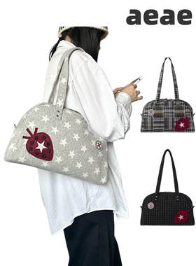 韩系aeae学院风草莓贴布星星保龄球包格纹手提单肩包大容量腋下包