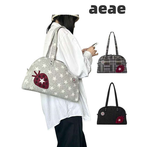韩系aeae学院风草莓贴布星星保龄球包格纹手提单肩包大容量腋下包