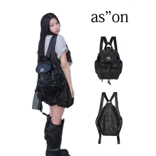 韩国小众ASON双肩包时尚 百搭绣花背包菱格纹通勤抽绳包大容量书包