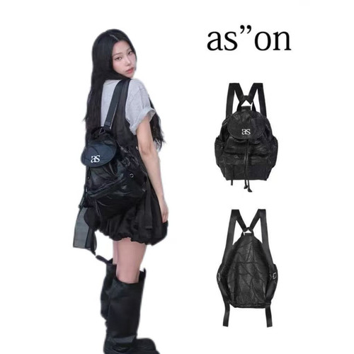 韩国小众ASON双肩包时尚百搭绣花背包菱格纹通勤抽绳包大容量书包