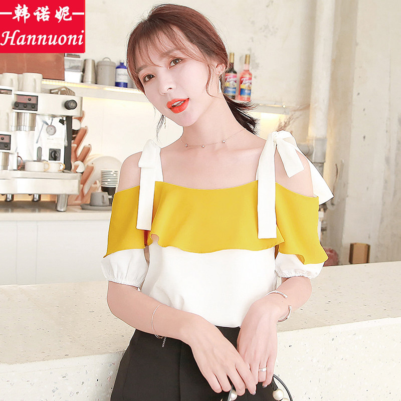 短袖雪纺衫2019夏季新款学院风荷叶边一字露肩显瘦吊带衫上衣女潮|ruв категории Женская одежда, кружева свитер/шифон рубашка - от Buy2taobao.com для оказания профессиональной услуги покупки агента Taobao