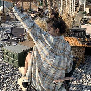 衬衫 复古格子防晒长袖 女秋设计感小众chic港味宽松衬衣 美式 实拍