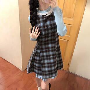法式赫本风复古收腰遮肉格纹背心连衣裙女秋季叠穿针织上衣两件套