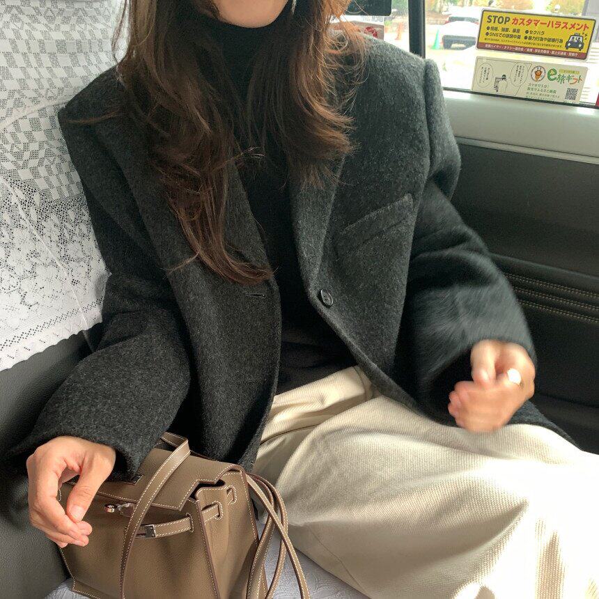 有货 韩国东大门复古气质高级感英伦风百搭休闲毛呢西装外套3色女