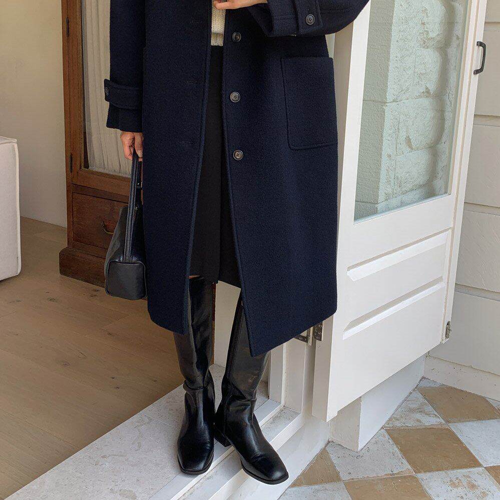 现~韩国CHIC气质单排扣口袋休闲宽松连帽中长款毛呢外套大衣女