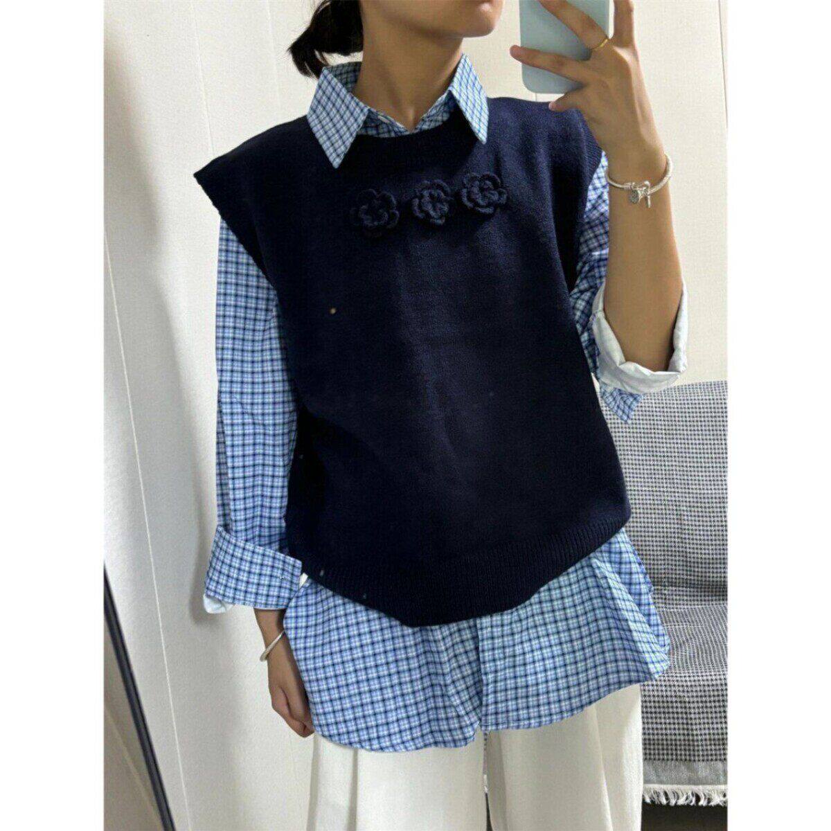 法式慵懒风立体花朵针织衫背心马甲毛衣女秋冬叠穿格纹衬衫两件套