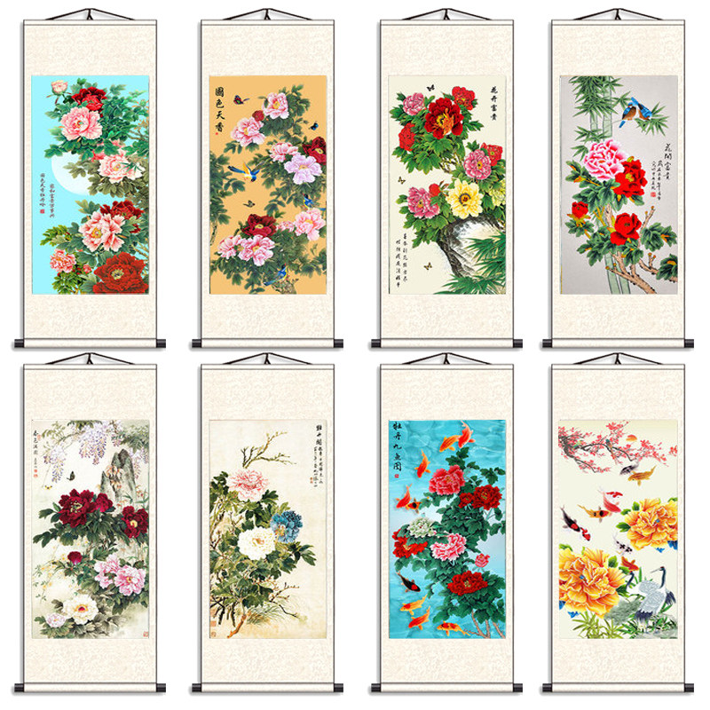 新款花开富贵客厅沙发背景墙装饰画牡丹国画玄关竖版花鸟卷轴挂画