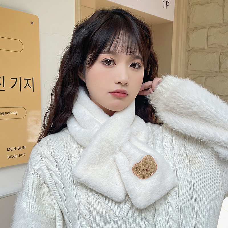 围巾女秋冬季加厚保暖韩版可爱学生百搭韩国公主小熊交叉毛绒