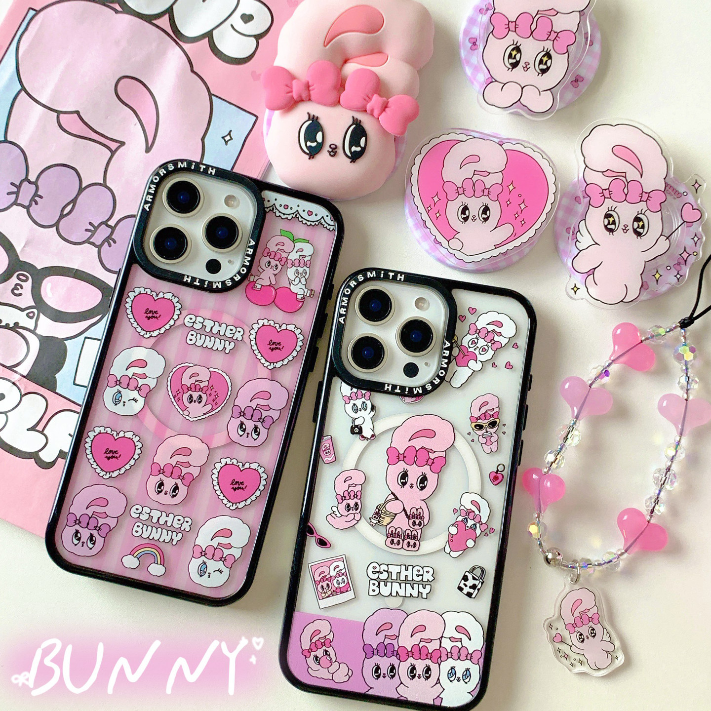 粉红条纹艾丝乐小兔联名款磁吸支架适用iPhone17promax强磁手机壳苹果16pro防摔15pm可爱13/14超火plus保护套,3C数码配件,手机保护套/壳,淘宝优惠券,粉丝福利购,淘宝优惠卷