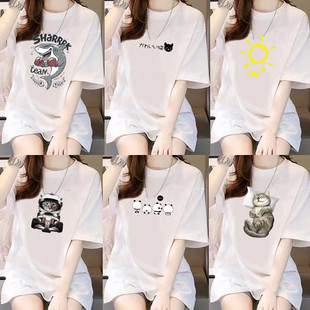 潮流白色短袖 时尚 T恤女 上衣ins夏季 宽松bf慵懒风创意卡通正肩半袖