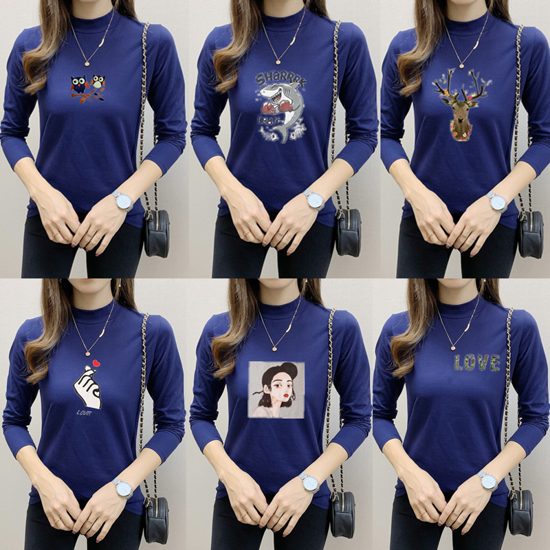 打底衫深蓝色上衣长袖半高领T恤