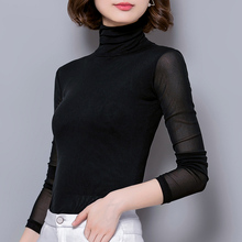 春季高领网纱打底衫女长袖修身简约百搭秋冬小衫内搭薄款纯色T恤