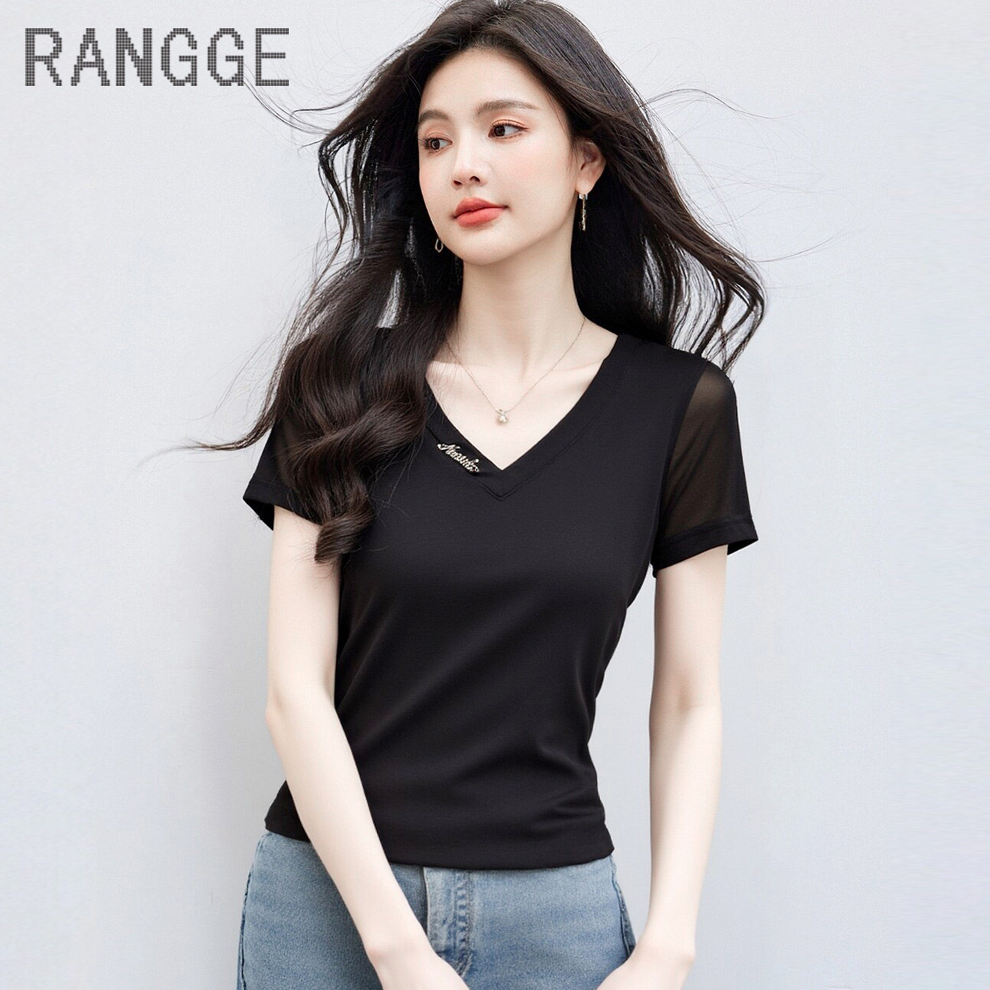 高质量V领冰丝网纱短袖T恤女夏季修身洋气打底衫上衣高弹力速干衣