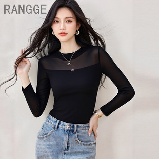 黑色舞蹈网纱上衣女纱衣t恤女2025秋冬新款长袖半高领加绒打底衫