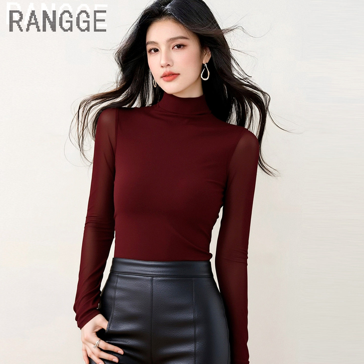 品牌网纱拉丁舞上衣半高领打底衫女薄长袖T恤弹力紧身形体训练服