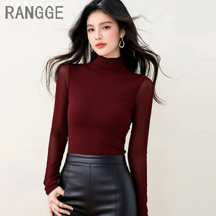 品牌网纱拉丁舞上衣半高领打底衫女薄长袖T恤弹力紧身形体训练服