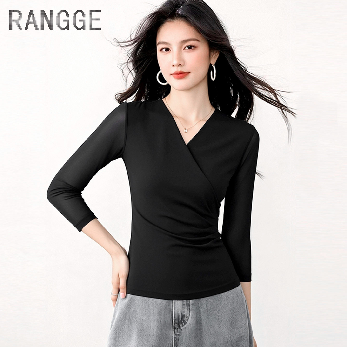 让格配阔腿裤的上衣女长袖网纱T恤女V领收腰遮肚子洋气小衫秋衣