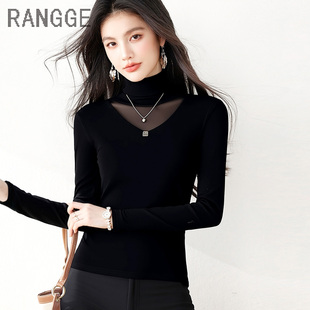 洋气薄纱T恤高弹力女舞蹈上衣 女长袖 2025新款 高领加绒网纱打底衫