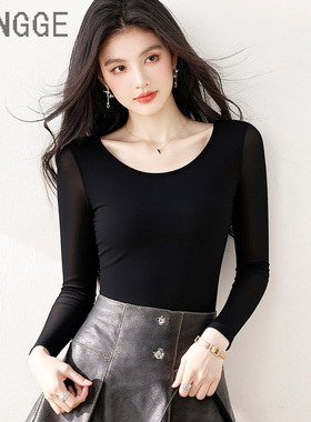 黑色舞蹈透气网纱上衣加绒打底衫女高端长袖t恤女秋冬跳舞衣服