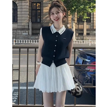 巨好看夏季套装女高级感撞色polo领针织背心无袖上衣半身裙两件套