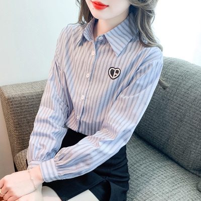 条纹衬衫女秋季长袖刺绣职业衬衣