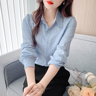 高级感波浪边长袖 新款 衬衣超好看独特漂亮上衣 女2025秋季 蓝色衬衫