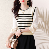 法式 新款 设计感拼接套头圆领毛衣上衣 女2026春季 假两件条纹针织衫