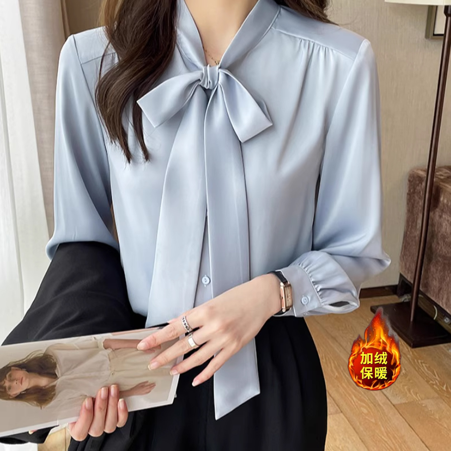 蝴蝶结衬衫女秋冬加绒内搭上衣