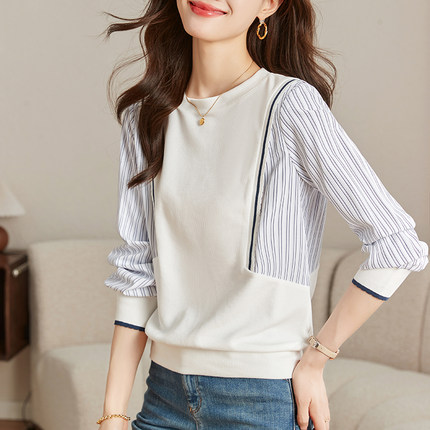 条纹卫衣女2025春季新款韩版拼接假两件别致上衣宽松百搭长袖t恤
