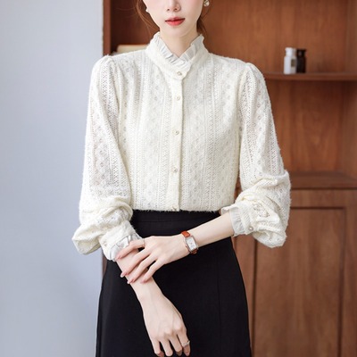 蕾丝衬衫秋冬木耳边立领磨毛衬衣