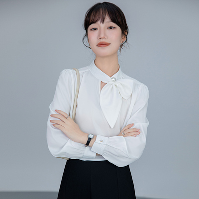 白色衬衫女春装立领蝴蝶结衬衣