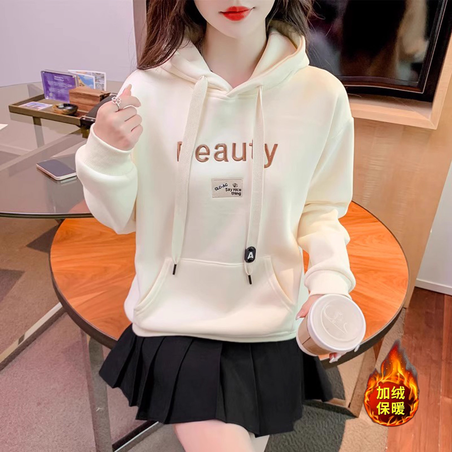 加绒卫衣女加厚保暖外套连帽上衣