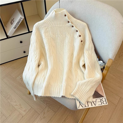 高领毛衣女款加厚保暖斜扣针织衫