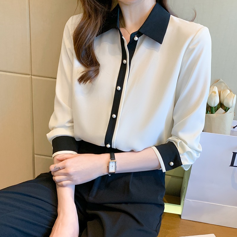 长袖雪纺衬衫撞色设计感通勤百搭