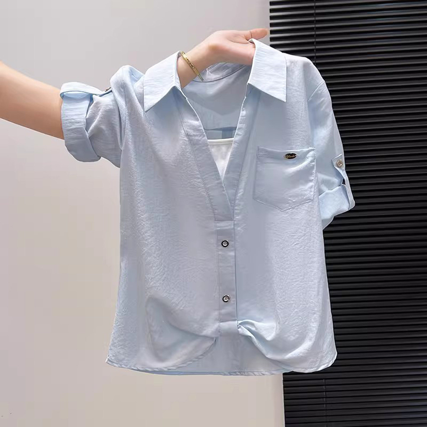 七分袖衬衫女夏季撞色假两件上衣