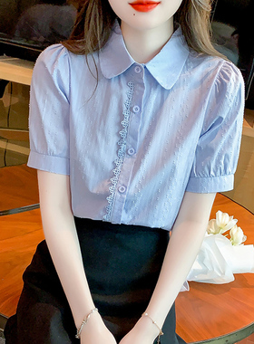 白色衬衫女2026夏季新款法式蕾丝拼接泡泡袖雪纺衬衣减龄百搭上衣